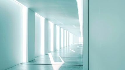 Obraz premium Abstract Light Blue Background Featuring a Long Corridor with Glowing Lights and Soft Shadows: Minimalist Design in Cool Colors with Sharp Focus in Professional High-Resolution Photography