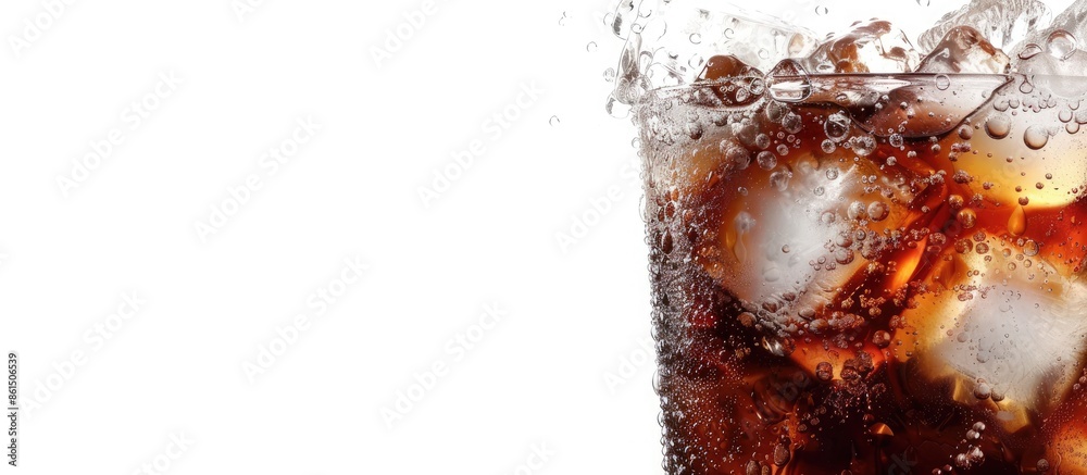 Poster close up of a glass of cola with ice, isolated on a white background, perfect for a copy space image