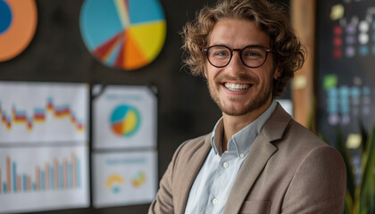 A cheerful man with curly hair and glasses smiles confidently, standing in front of vibrant data visualizations, showcasing his analytical skills and positive outlook