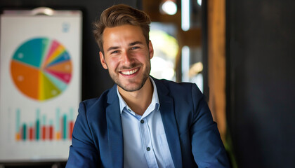 A cheerful professional smiles broadly, exuding warmth and confidence, surrounded by colorful charts and graphs in a vibrant, data-driven business setting