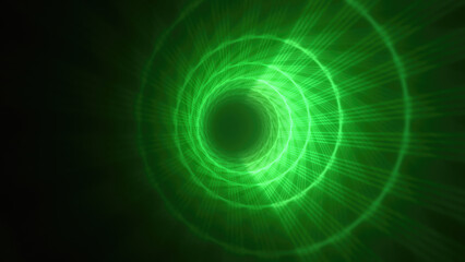 Abstract bright green glowing background with a tunnel of lines and stripes of energy of burning rays of plasma and electricity with light