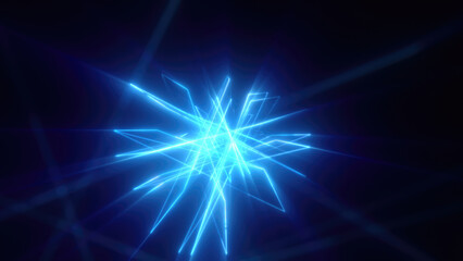 Abstract bright blue glowing background with flying neon star lines made of energy particles and light rays