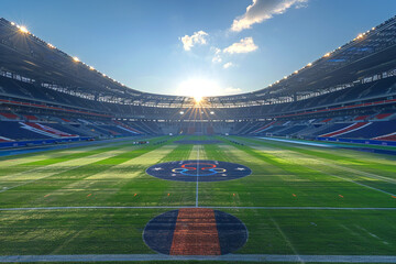 Sunrise over an empty football stadium with green field and vibrant seating. Summer Sports Games,...