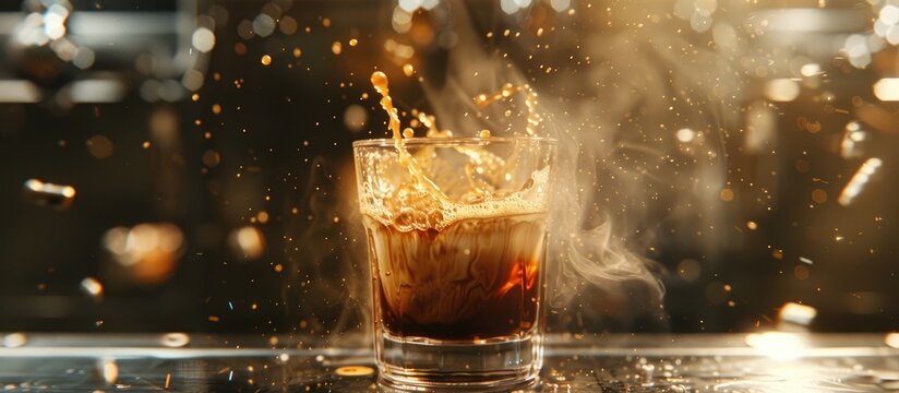 Coffee streams into the glass from the coffee machine in a copy space image.