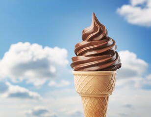 Chocolate ice-cream in a cone, against blue sky background with fluffy white clouds. 
