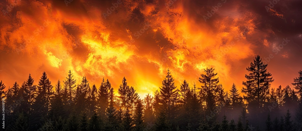Poster dramatic sunset bathes forest silhouette with golden light under a fiery sky. ideal as a background 