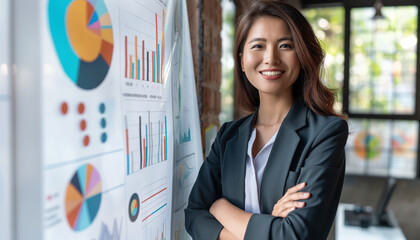 A professional woman stands confidently by a detailed presentation, showcasing her analytical skills and leadership in a modern, data-centric business environment