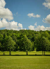 Priory Park in Reigate, Surrey, UK with an unrecognizable cyclist. This public park is close to Reigate town centre and features woodland, grass areas, a lake and visitor facilities.