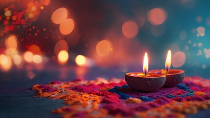 Two lit candles placed on a colorful rangoli during a festival, with bokeh lights in the background creating a festive atmosphere.
