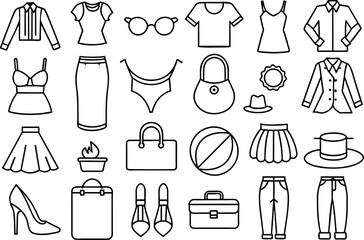 Fashion related editable stroke outline icons isolated on white background flat vector illustration