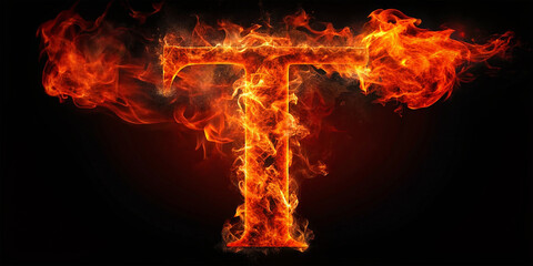 Fototapeta premium Fire letter T of burning flame. Flaming burn font or bonfire alphabet text with sizzling smoke and fiery or blazing shining heat effect. Incandescent hot red fire glow on black background 