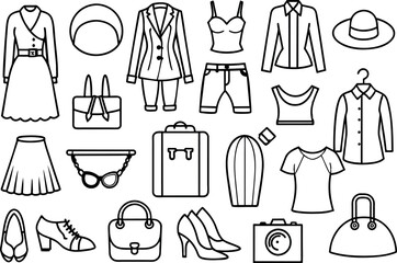 Fashion related editable stroke outline icons isolated on white background flat vector illustration