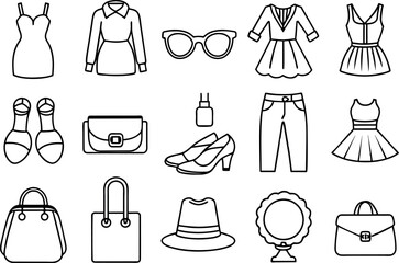 Fashion related editable stroke outline icons isolated on white background flat vector illustration