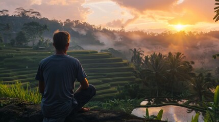 A man in a reflective moment watching sunrise over the rice terraces in Bali