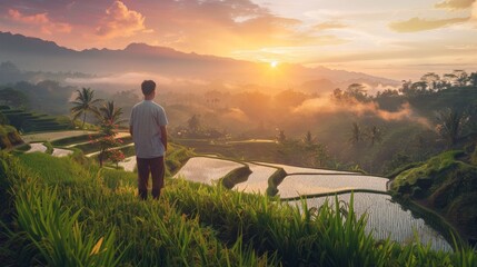 A man in a reflective moment watching sunrise over the rice terraces in Bali