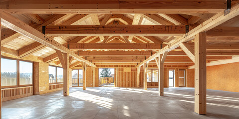 Interior view of a new wooden house under construction