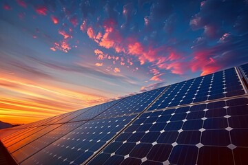 Solar Panels on Sunset Background created with Generative AI