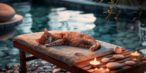 Relaxed cat lying on a spa bed with candles. Concept of pet relaxation, spa treatment for pets, peaceful ambiance, wellness