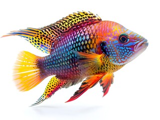 Fototapeta premium Vibrant and Captivating Dwarf Cichlid with Intricate Patterns Swimming in Clear Aquarium