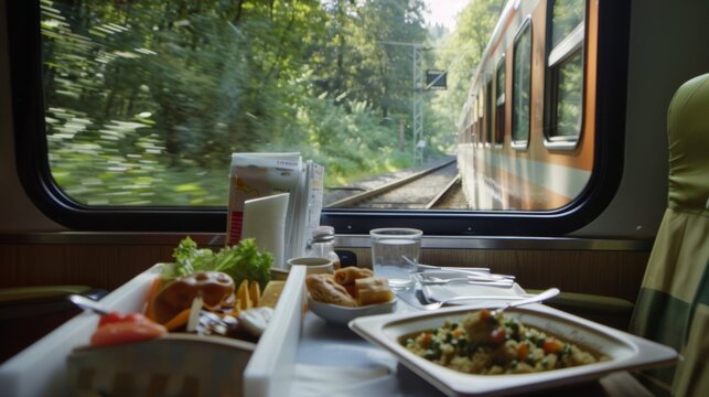 A glimpse of organic and locally sourced snacks and meals being served on the train promoting sustainable food practices.