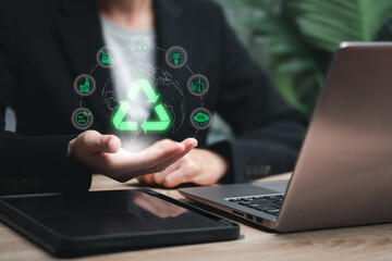 Environmental protection, Recycling, Sustainable Development Concept, Business Woman be aware of the changes in nature renewable, sustainable energy source, Practices and sustainable development