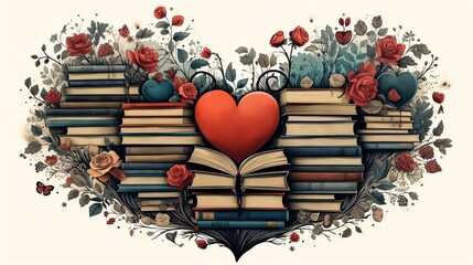 Heart shaped stack of books surrounded by roses and leaves.
