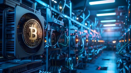 Bitcoin Mining Warehouse with Rows of Cryptocurrency Mining Rigs and Cooling Systems