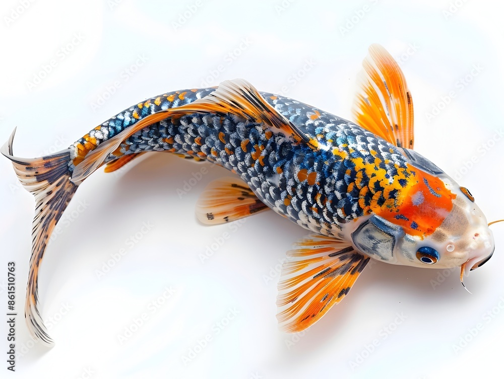 Poster Close up of Vibrant Koi Fish with Intricate Patterns Swimming in Pond on White Background