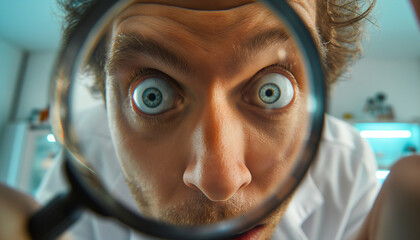 A curious man looking through a magnifying glass with wide eyes capturing a moment of discovery and intrigue perfect for science and exploration themes