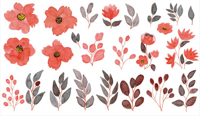 Watercolor red floral elements collection. Set watercolor arrangements of red roses, garden flowers, leaves, branches. Botanic illustration isolated on white background.