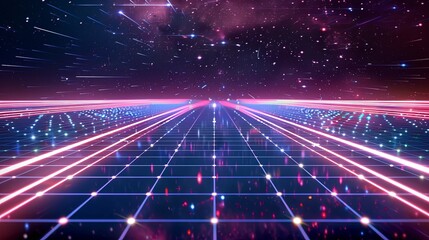 Obraz premium White light streaks grid in space. 80's arcade game aesthetic background