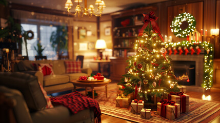 holiday decorations in a cozy living room, with a decorated Christmas tree