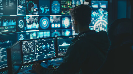 cybersecurity specialist working on multiple computer screens