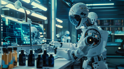 Fototapeta premium AI-powered robots working alongside human scientists, analyzing data on holographic displays and advanced computer systems