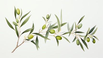 Fototapeta premium Watercolor painting of olive branch with green olives.