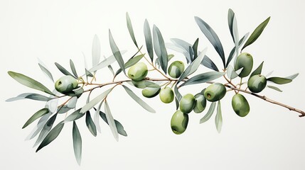 Watercolor illustration of olive branch with green olives