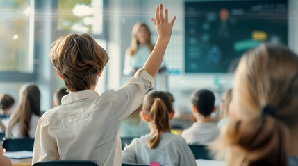 A student raises his hand in a modern classroom, engaging with the teacher during a lesson, signifying active learning and participation.