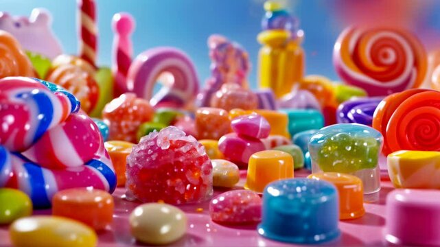 Candy Land, Assortment of Colorful Candies. Lollipops, Gummy Bears, and Hard Candies Create a Sweet and Playful Scene. Perfect for Confectionery Advertising