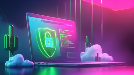 Laptop with shield, green access granted message, encrypted data symbol, side view, emphasizes data encryption, futuristic tone, vivid color scheme