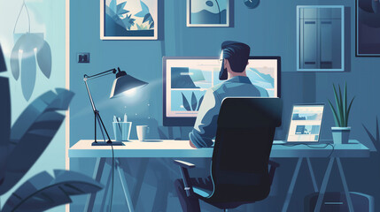 Man working from home office at night. Designer using computer and laptop in blue-toned room. Desk with lamp, plants, and artwork. Comfortable workspace with ergonomic chair. Moonlight through window 