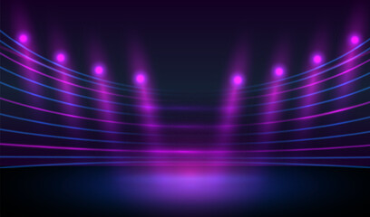 Realistic stadium background with purple and blue glowing neon lamps and light lines in futuristic concept design. Technology studio vector.