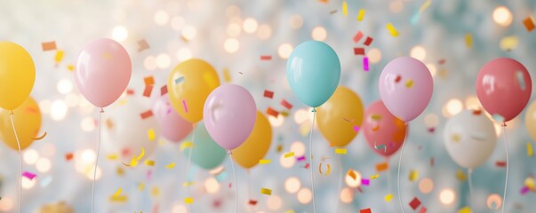 Colorful birthday party with balloons, confetti, and a cheerful group