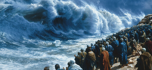 Moses parts the red sea, leading the israelites to freedom