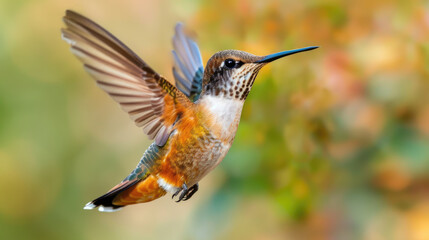 Fototapeta premium A beautiful hummingbird is flying in mid-air with its long, thin beak outstretched