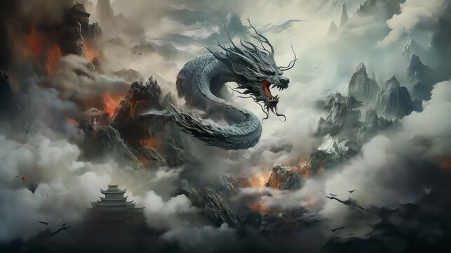Powerful dragon soaring through stormy clouds over mountains.