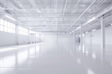 Empty modern white warehouse with a spacious interior and clean white background