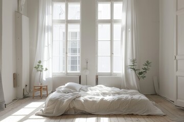 A bright minimal white bedroom with large windows, a neatly made bed, and sparse decor, emphasizing open space and natural light