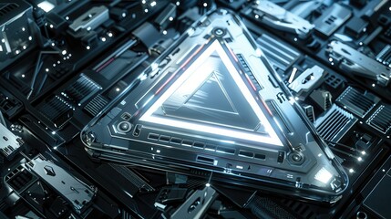 Data server, silver warning triangle, data encryption symbol, side view, conveys data safety, robotic tone, splitcomplementary color scheme