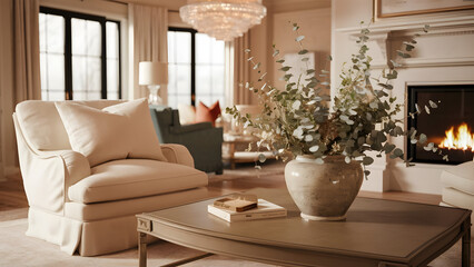 Cozy armchair and vase with eucalyptus branches on coffee table in beautiful luxurious living room with inviting relaxation