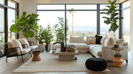 Modern living room with floor-to-ceiling windows and indoor plants